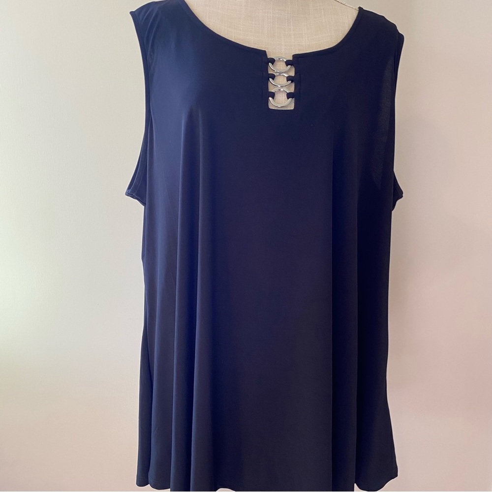 Black scoop neck with decorative silver hoops at neckline